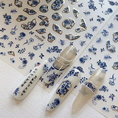 Blue White Porcelain Chinese Style 3D Nail Art Stickers, Self-Adhesive Floral Manicure Decals for Salon & DIY