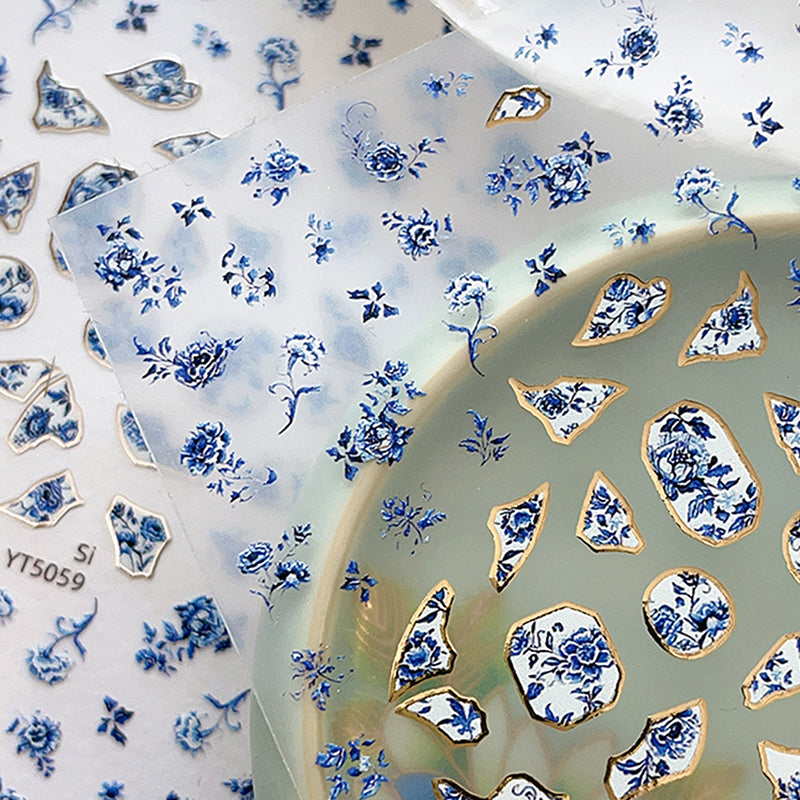 Blue White Porcelain Chinese Style 3D Nail Art Stickers, Self-Adhesive Floral Manicure Decals for Salon & DIY