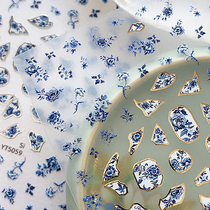 Blue White Porcelain Chinese Style 3D Nail Art Stickers, Self-Adhesive Floral Manicure Decals for Salon & DIY