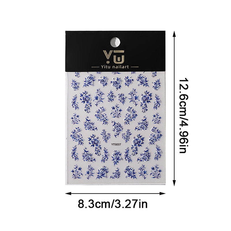 Blue White Porcelain Chinese Style 3D Nail Art Stickers, Self-Adhesive Floral Manicure Decals for Salon & DIY