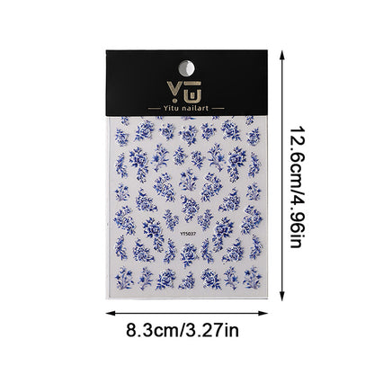 Blue White Porcelain Chinese Style 3D Nail Art Stickers, Self-Adhesive Floral Manicure Decals for Salon & DIY