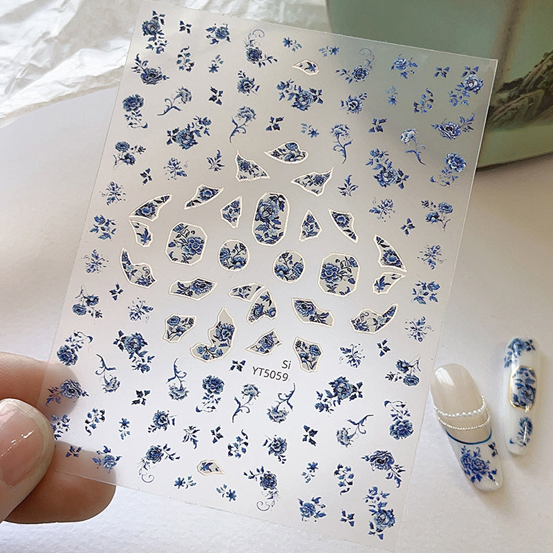 Blue White Porcelain Chinese Style 3D Nail Art Stickers, Self-Adhesive Floral Manicure Decals for Salon & DIY