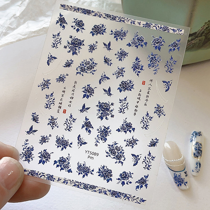 Blue White Porcelain Chinese Style 3D Nail Art Stickers, Self-Adhesive Floral Manicure Decals for Salon & DIY