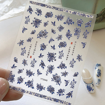 Blue White Porcelain Chinese Style 3D Nail Art Stickers, Self-Adhesive Floral Manicure Decals for Salon & DIY
