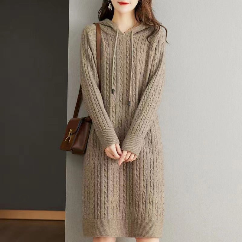 Vintage Retro Jersey Mujer Fall Winter Jumper Dress, Hooded Solid Straight Knitted, Loose Women Pullover Sweater Dress