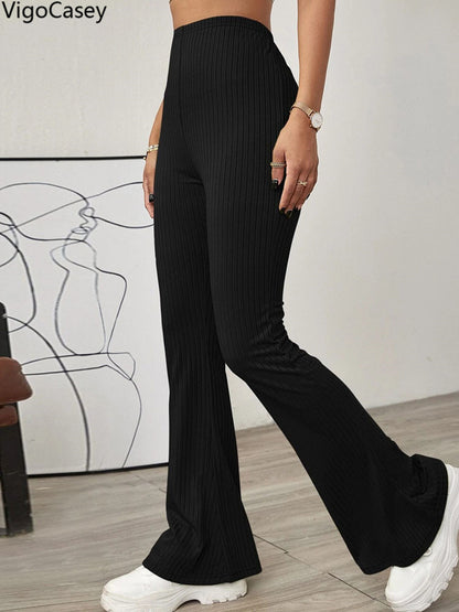Black High Waist Bell-bottoms Pants Lady, Women Casual Knit Long Pants, Solid Pants Autumn Winter Office Trousers