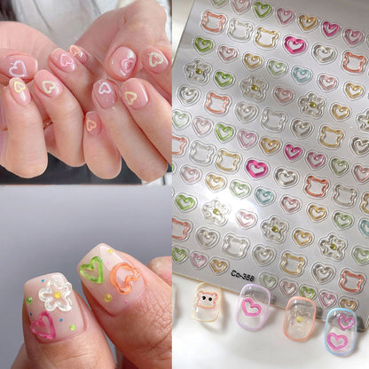 3D Embossed Nail Stickers, Cute Hollow Bear Heart Flower Decals for DIY Manicure