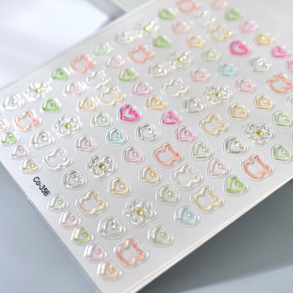 3D Embossed Nail Stickers, Cute Hollow Bear Heart Flower Decals for DIY Manicure