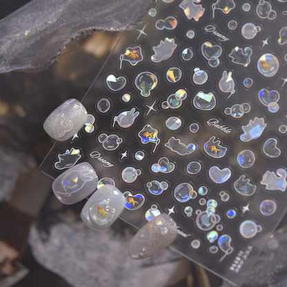 Shiny Blowing Bubble Nail Decorations Stickers, 5D Shell Light Love Cat Design, DIY Summer Manicure Decals, Transfer