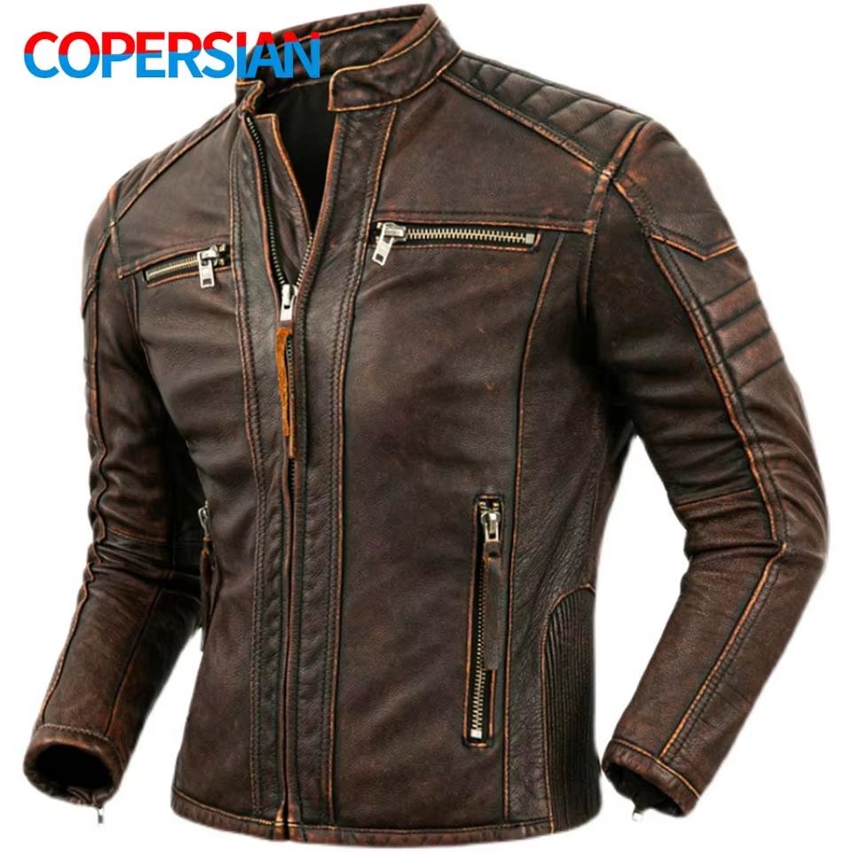 Men's Genuine Leather Motorcycle Jacket – Retro Brown Cowhide Stand Collar Biker Jacket
