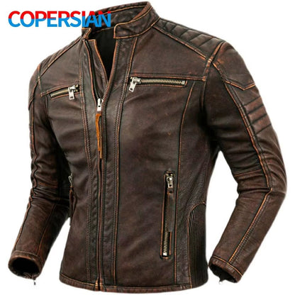 Men's Genuine Leather Motorcycle Jacket – Retro Brown Cowhide Stand Collar Biker Jacket