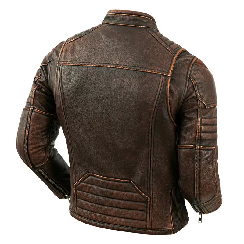 Mens Genuine Leather Motorcycle Jacket  Retro Brown Cowhide Stand Collar Biker Jacket 1
