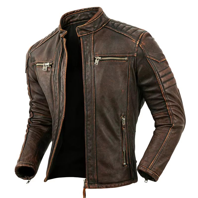 Mens Genuine Leather Motorcycle Jacket  Retro Brown Cowhide Stand Collar Biker Jacket 3