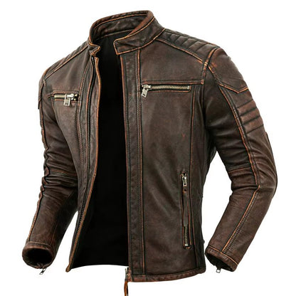 Mens Genuine Leather Motorcycle Jacket  Retro Brown Cowhide Stand Collar Biker Jacket 3
