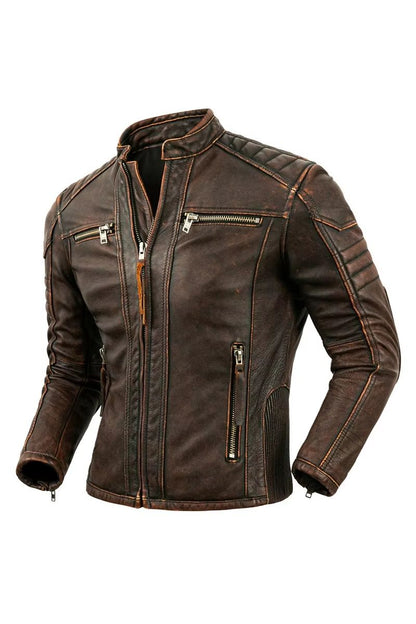 Mens Genuine Leather Motorcycle Jacket  Retro Brown Cowhide Stand Collar Biker Jacket 4