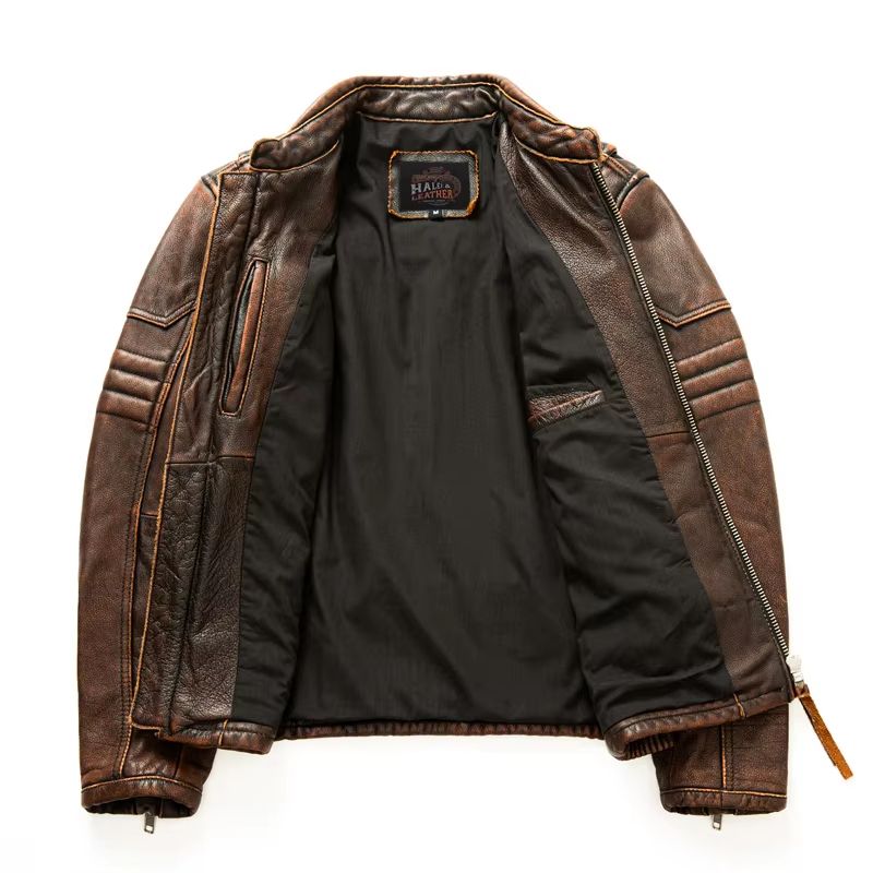 Mens Genuine Leather Motorcycle Jacket  Retro Brown Cowhide Stand Collar Biker Jacket 5