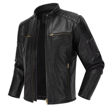 Mens Genuine Leather Motorcycle Jacket  Retro Brown Cowhide Stand Collar Biker Jacket 6