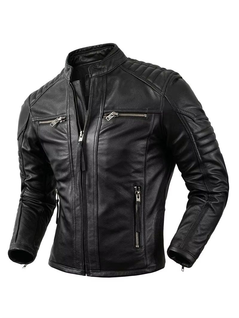 Mens Genuine Leather Motorcycle Jacket  Retro Brown Cowhide Stand Collar Biker Jacket 7