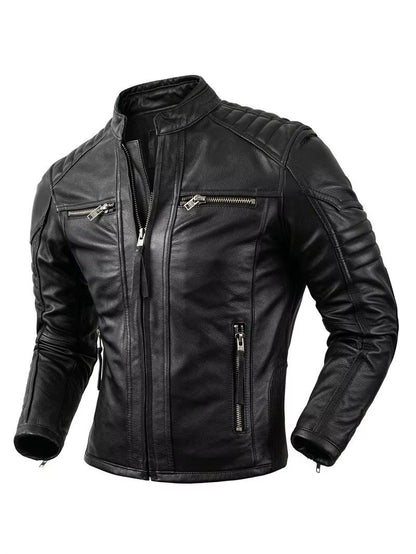 Mens Genuine Leather Motorcycle Jacket  Retro Brown Cowhide Stand Collar Biker Jacket 7