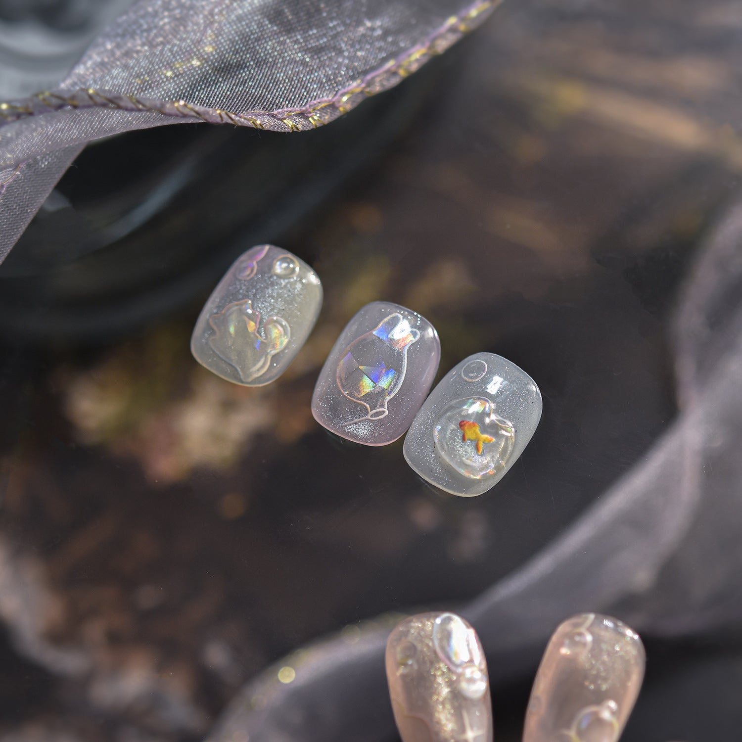 Shiny Blowing Bubble Nail Decorations Stickers, 5D Shell Light Love Cat Design, DIY Summer Manicure Decals, Transfer