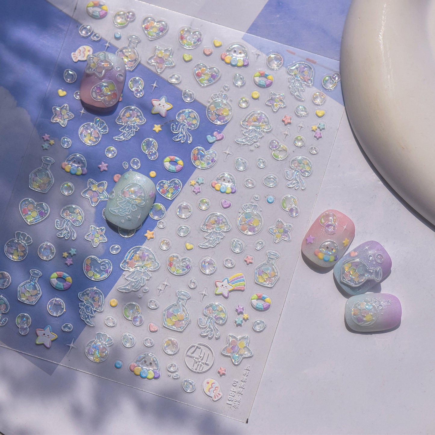 Shiny Blowing Bubble Nail Decorations Stickers, 5D Shell Light Love Cat Design, DIY Summer Manicure Decals, Transfer