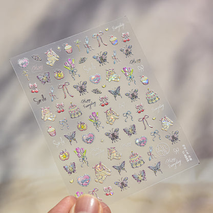 Shiny Blowing Bubble Nail Decorations Stickers, 5D Shell Light Love Cat Design, DIY Summer Manicure Decals, Transfer