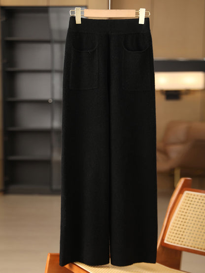 Wool Knitted Wide-Leg Pants Women Autumn Winter Pockets, Soft Warm Comfortable, Casual Loose Fashion Bottoms