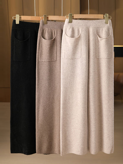 Wool Knitted Wide-Leg Pants Women Autumn Winter Pockets, Soft Warm Comfortable, Casual Loose Fashion Bottoms
