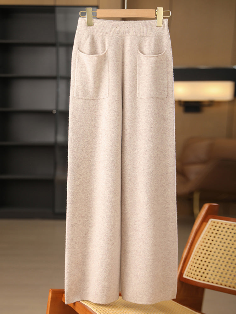 Wool Knitted Wide-Leg Pants Women Autumn Winter Pockets, Soft Warm Comfortable, Casual Loose Fashion Bottoms