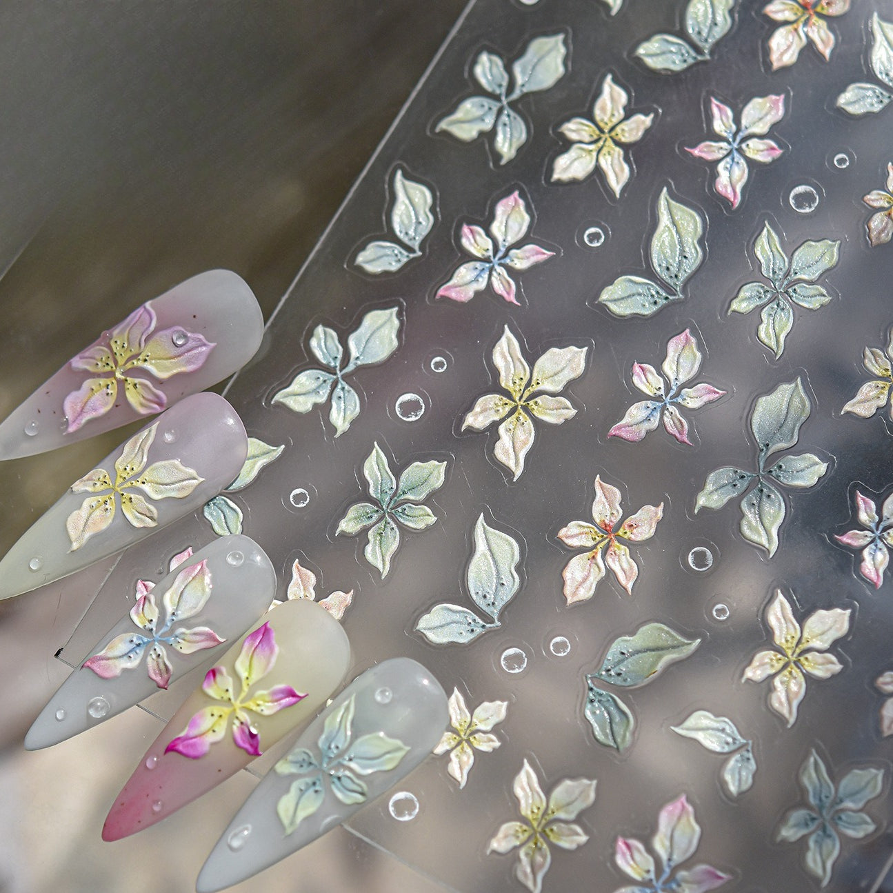 Colourful Frangipani, Bright Lily Flowers Nail Art Stickers, Gradual Petal Vivid Dew Delicate Romantic Manicure Decals