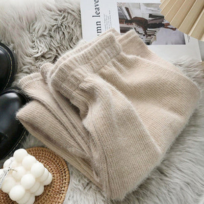 Women Knit Imitation Mink Wide Leg Pants, Autumn Winter Vintage Thick Loose Pants, High Waist Straight Casual Trousers
