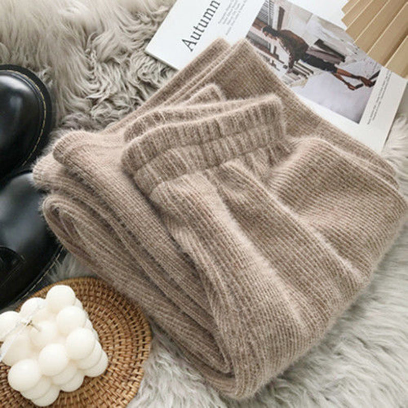 Women Knit Imitation Mink Wide Leg Pants, Autumn Winter Vintage Thick Loose Pants, High Waist Straight Casual Trousers