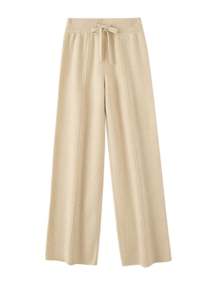 Autumn Winter Dream Women Wool Wide Leg Pants, Cashmere Trousers, Merino Wool Knitted, Elastic Waist Lace Up