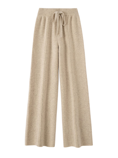 Autumn Winter Dream Women Wool Wide Leg Pants, Cashmere Trousers, Merino Wool Knitted, Elastic Waist Lace Up