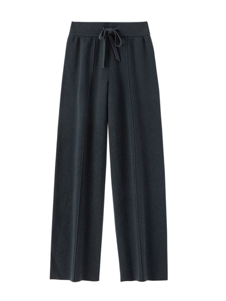 Autumn Winter Dream Women Wool Wide Leg Pants, Cashmere Trousers, Merino Wool Knitted, Elastic Waist Lace Up