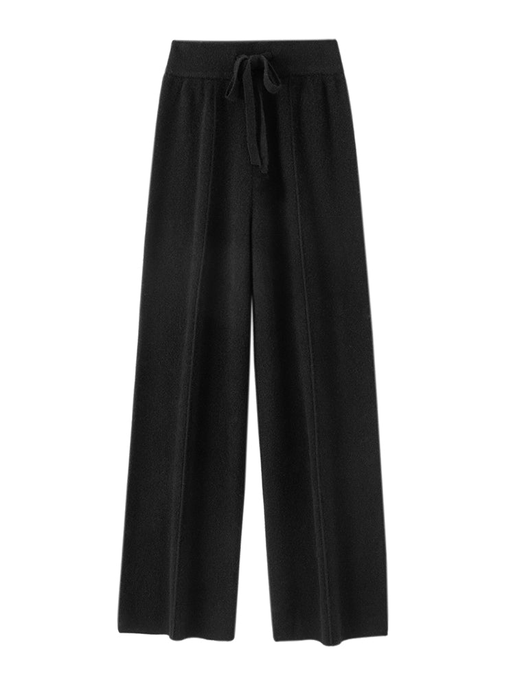 Autumn Winter Dream Women Wool Wide Leg Pants, Cashmere Trousers, Merino Wool Knitted, Elastic Waist Lace Up
