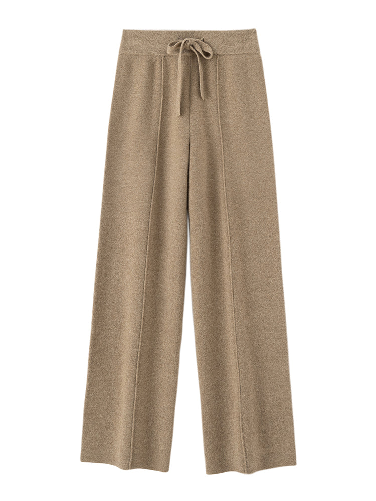 Autumn Winter Dream Women Wool Wide Leg Pants, Cashmere Trousers, Merino Wool Knitted, Elastic Waist Lace Up