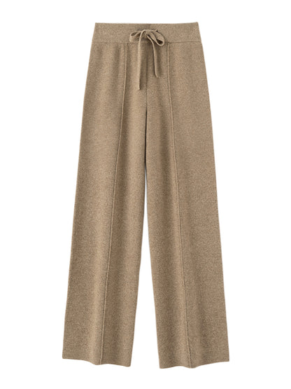Autumn Winter Dream Women Wool Wide Leg Pants, Cashmere Trousers, Merino Wool Knitted, Elastic Waist Lace Up