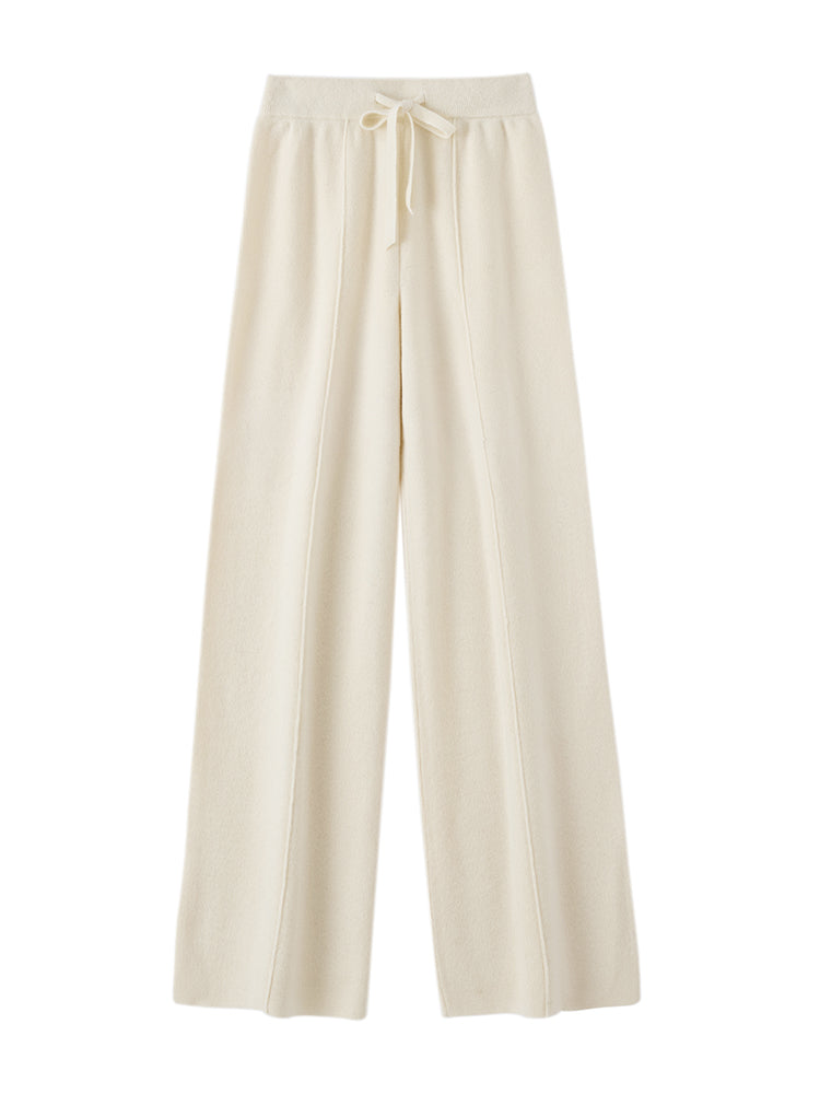 Autumn Winter Dream Women Wool Wide Leg Pants, Cashmere Trousers, Merino Wool Knitted, Elastic Waist Lace Up