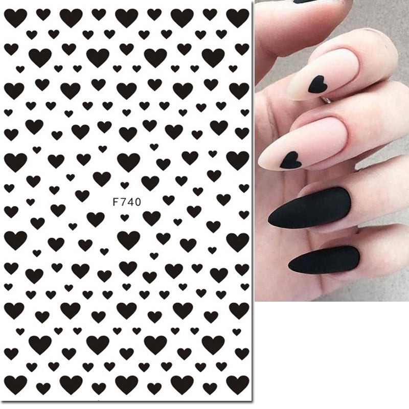 3D Nail Art Stickers, Red Black White Love Hearts, Stars Clouds French Full Adhesive Nail Decals Slider for Manicure
