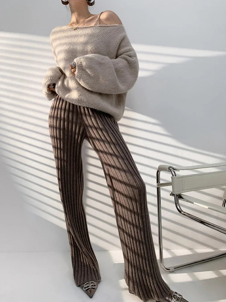 Women Autumn Winter Thick Knitted Pant Wide Leg Fashion Straight Trousers Casual Elastic Knit Pants 1