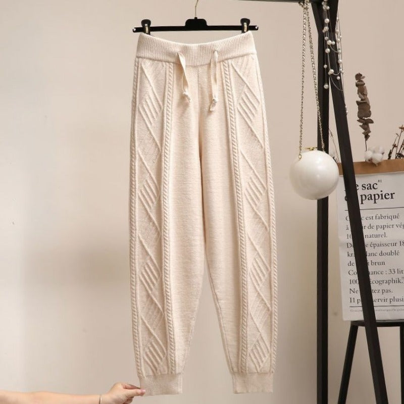 Women Autumn and Winter New Loose Pants, Fried Dough Twists Knitted Wide Leg Pants, Thickened Woolen Harun Radish Pant