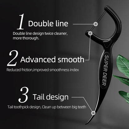 Super Deer Twinline Dental Floss 500Pcs Bamboo Charcoal Toothpick With Thread For Deep Clean Betwee