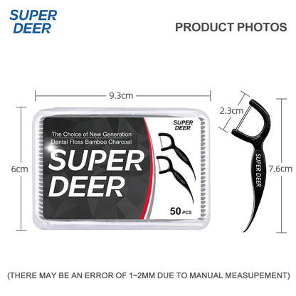 Super Deer Twin-line Dental Floss 500Pcs Bamboo Charcoal Toothpick with Thread for Deep Clean Between Teeth Oral Care