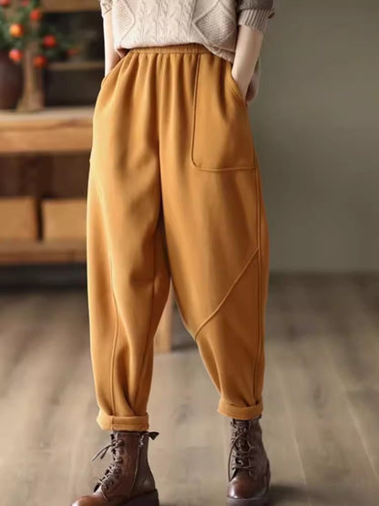 Women Plus Velvet Thick Warm Knitted Sweatpants, Winter All Match Sports Casual Pants, Loose Wide Leg Fashion Trousers
