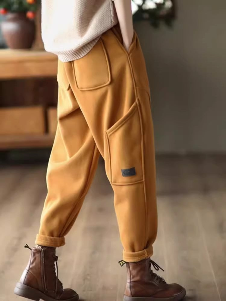 Women Plus Velvet Thick Warm Knitted Sweatpants, Winter All Match Sports Casual Pants, Loose Wide Leg Fashion Trousers