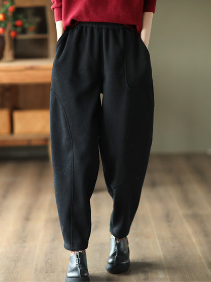 Women Plus Velvet Thick Warm Knitted Sweatpants, Winter All Match Sports Casual Pants, Loose Wide Leg Fashion Trousers