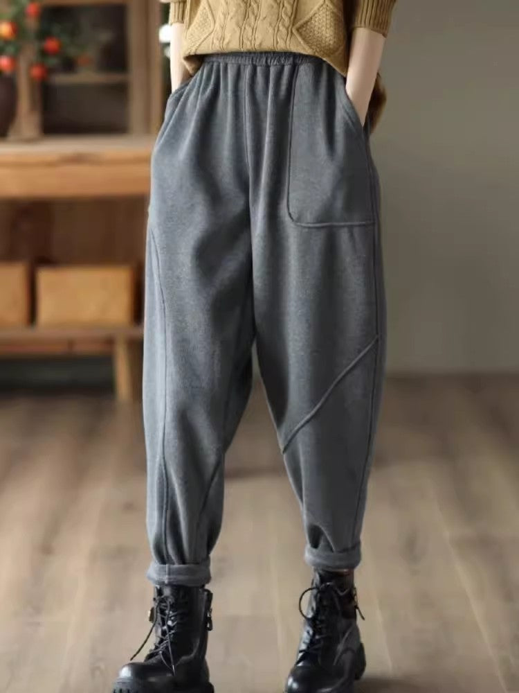 Women Plus Velvet Thick Warm Knitted Sweatpants, Winter All Match Sports Casual Pants, Loose Wide Leg Fashion Trousers