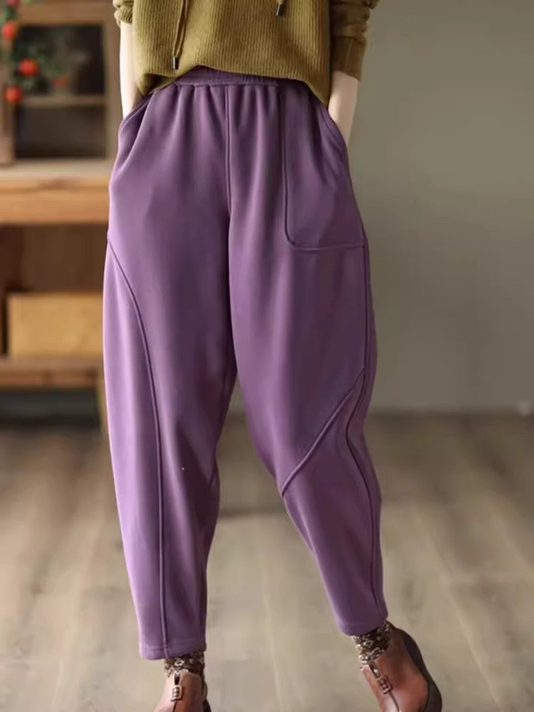 Women Plus Velvet Thick Warm Knitted Sweatpants, Winter All Match Sports Casual Pants, Loose Wide Leg Fashion Trousers