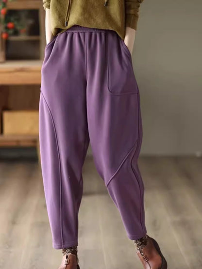 Women Plus Velvet Thick Warm Knitted Sweatpants, Winter All Match Sports Casual Pants, Loose Wide Leg Fashion Trousers